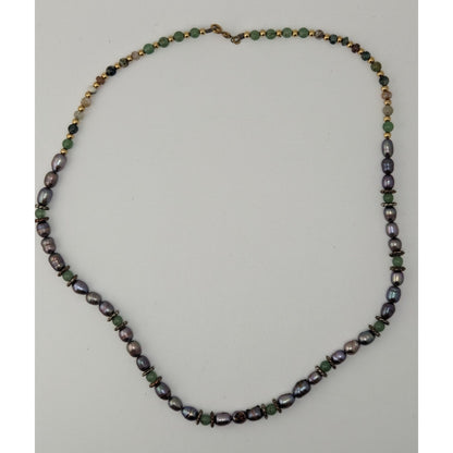 Vintage Handmade Gemstone & Purple Cultured Pearl Necklace Gold Tone Whimsical Nature