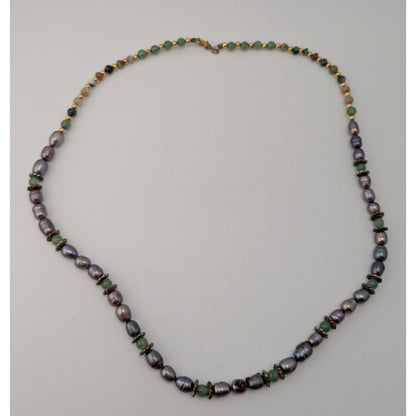 Vintage Handmade Gemstone & Purple Cultured Pearl Necklace Gold Tone Whimsical Nature