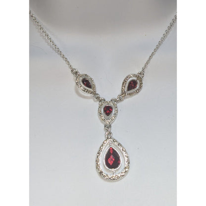 Garnet Red Crystal Teardrop Necklace Silver Tone Glam Goth Vampire Statement