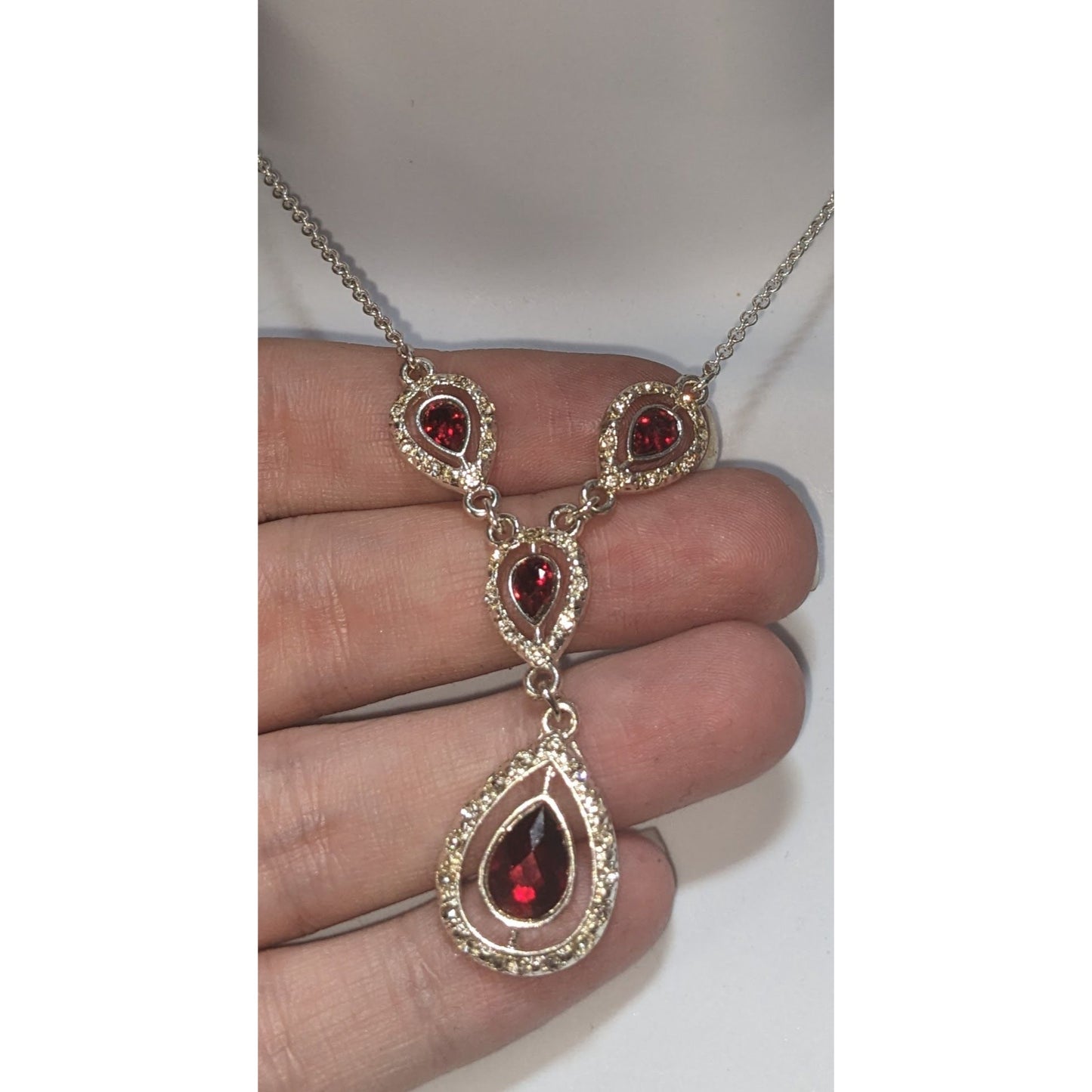 Garnet Red Crystal Teardrop Necklace Silver Tone Glam Goth Vampire Statement