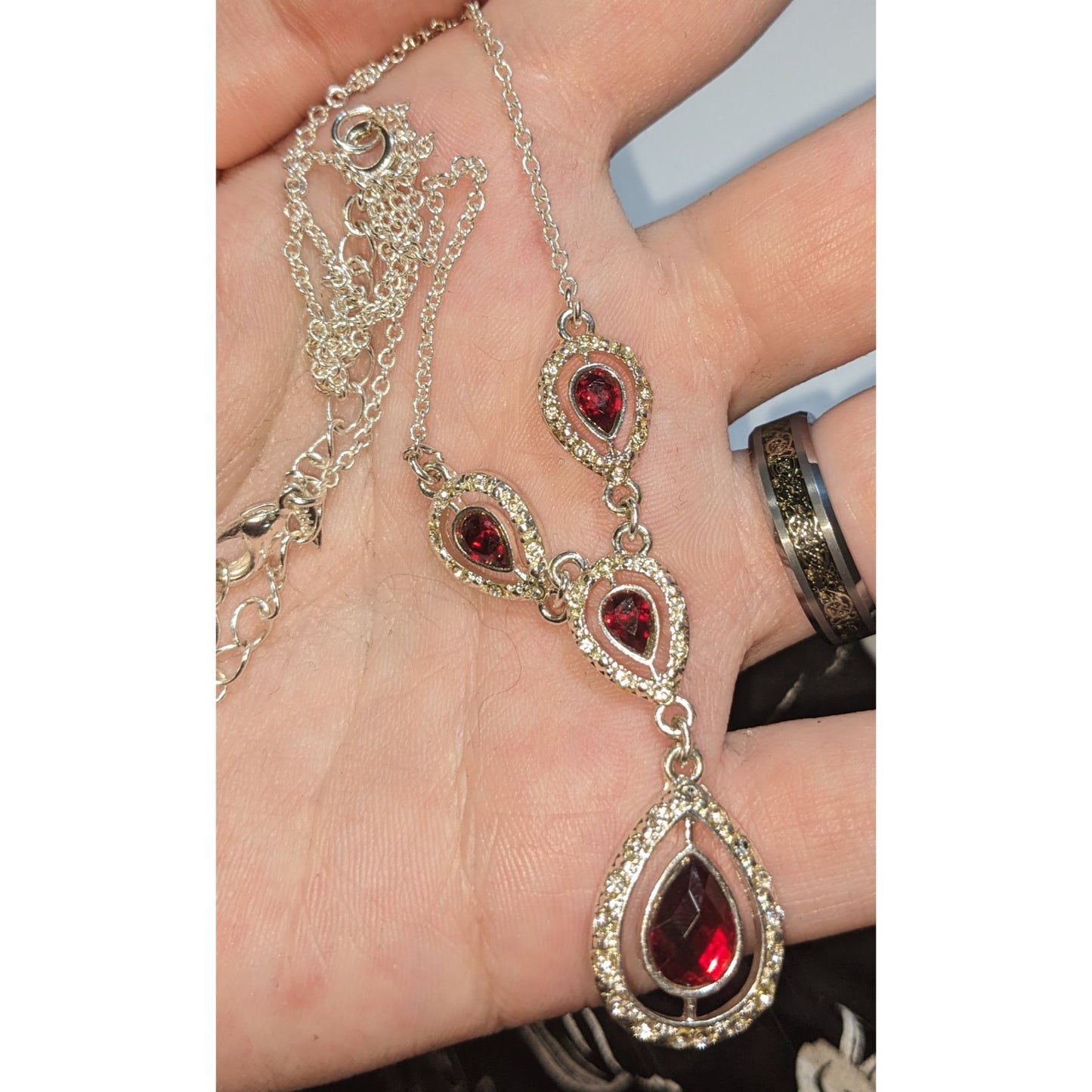 Garnet Red Crystal Teardrop Necklace Silver Tone Glam Goth Vampire Statement
