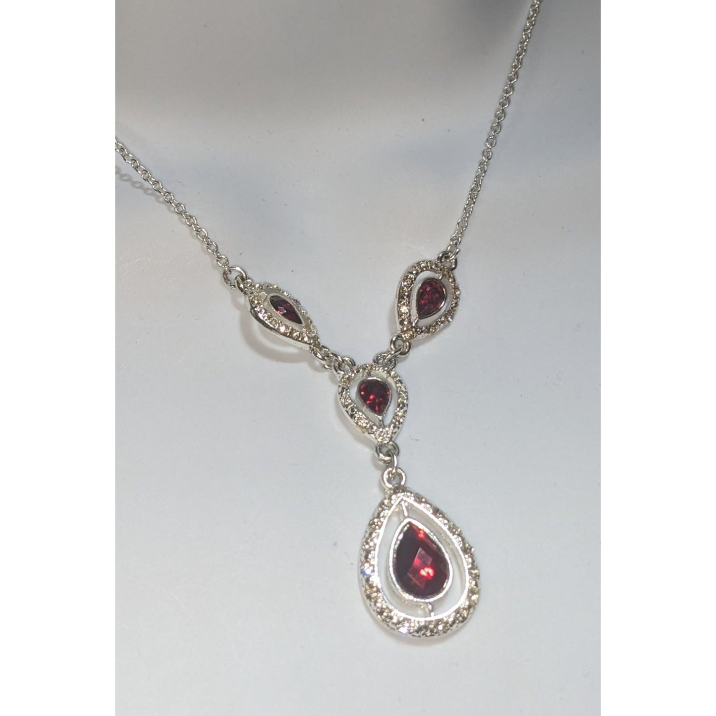Garnet Red Crystal Teardrop Necklace Silver Tone Glam Goth Vampire Statement