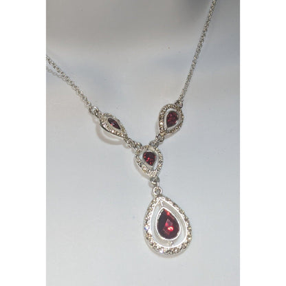 Garnet Red Crystal Teardrop Necklace Silver Tone Glam Goth Vampire Statement
