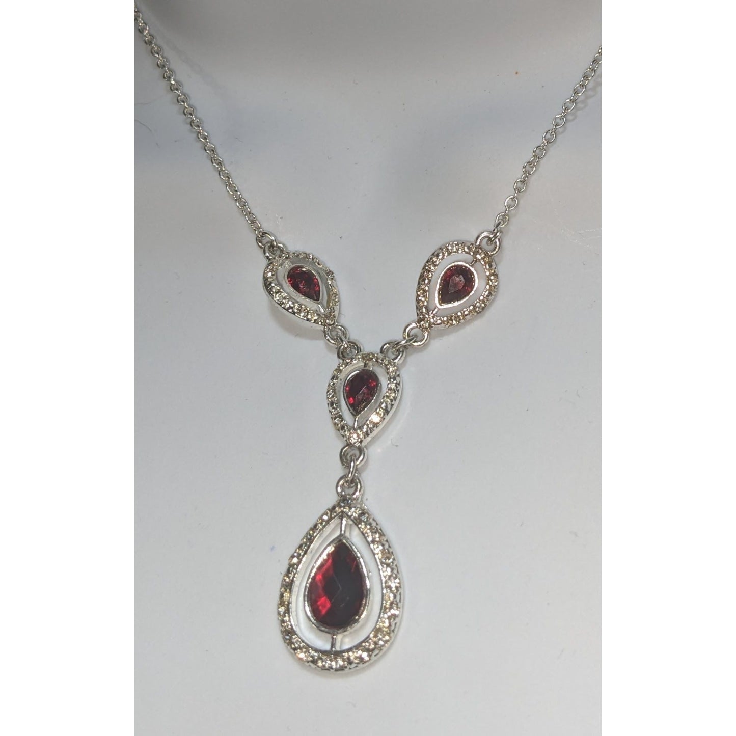 Garnet Red Crystal Teardrop Necklace Silver Tone Glam Goth Vampire Statement