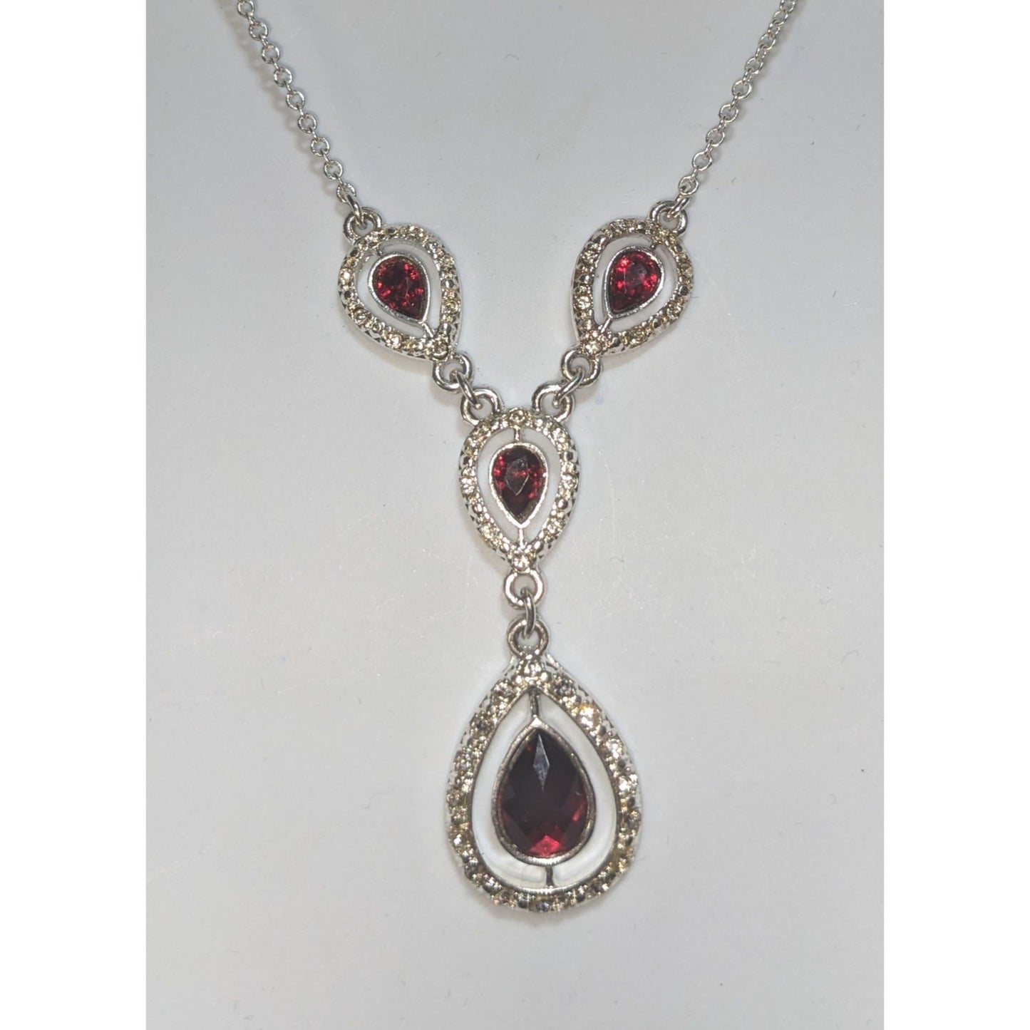 Garnet Red Crystal Teardrop Necklace Silver Tone Glam Goth Vampire Statement