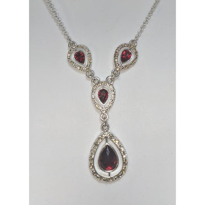 Garnet Red Crystal Teardrop Necklace Silver Tone Glam Goth Vampire Statement