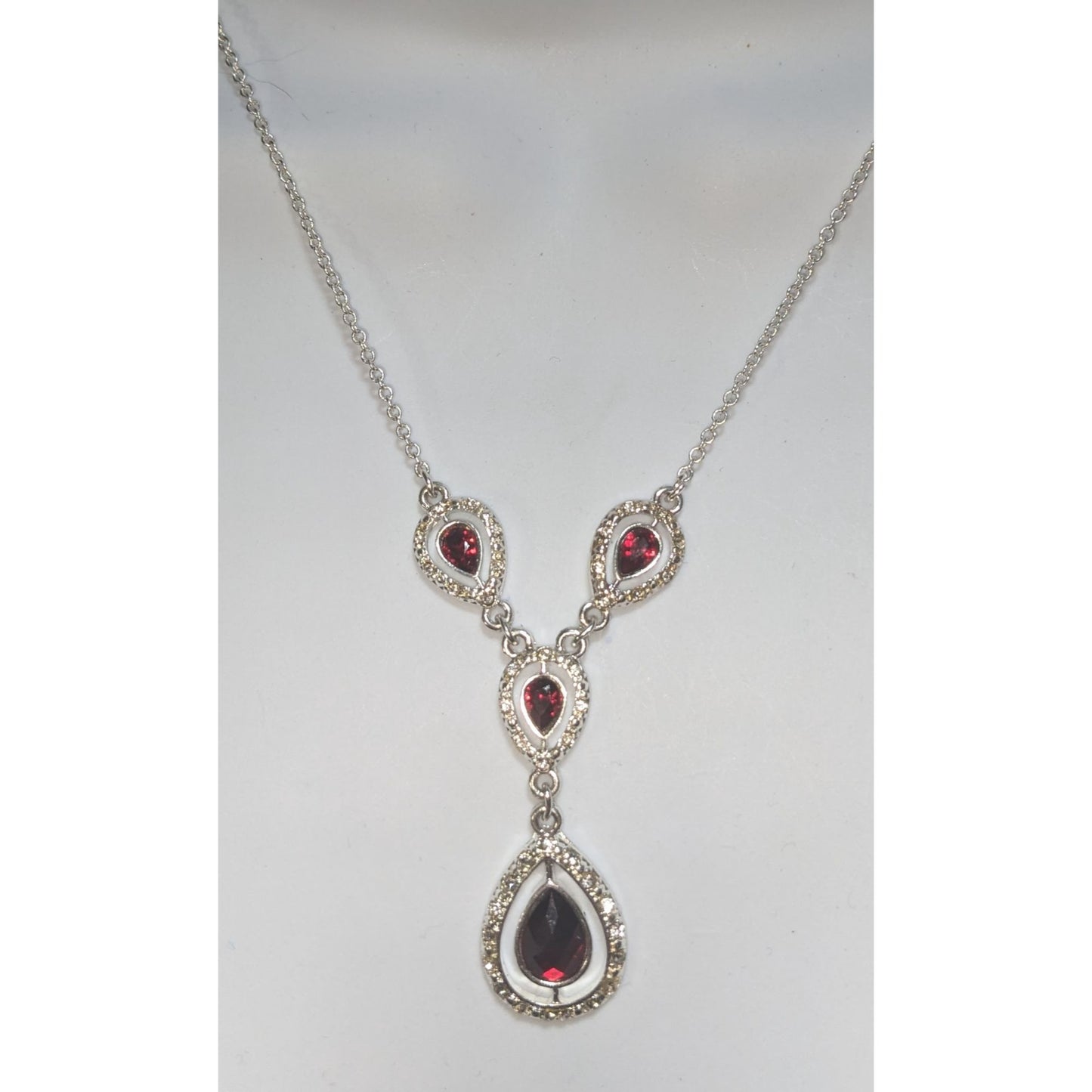 Garnet Red Crystal Teardrop Necklace Silver Tone Glam Goth Vampire Statement