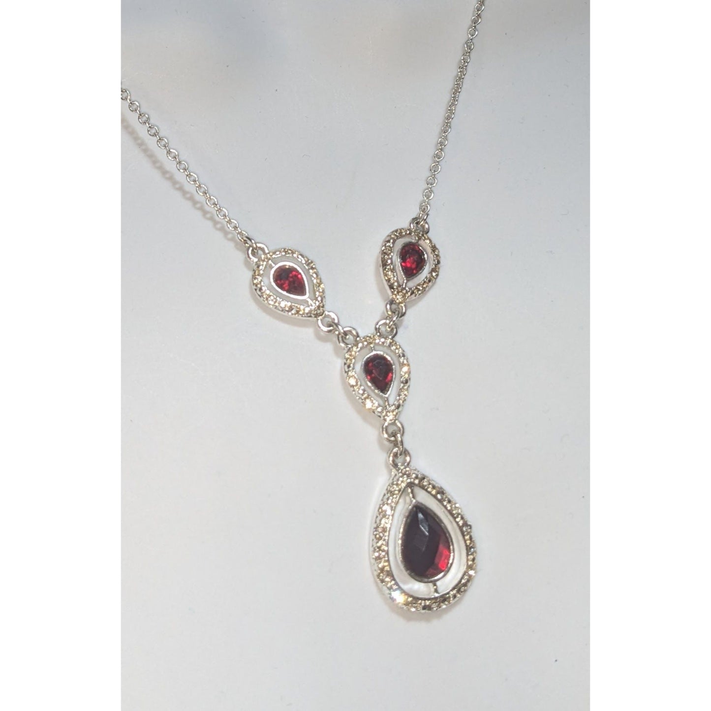 Garnet Red Crystal Teardrop Necklace Silver Tone Glam Goth Vampire Statement