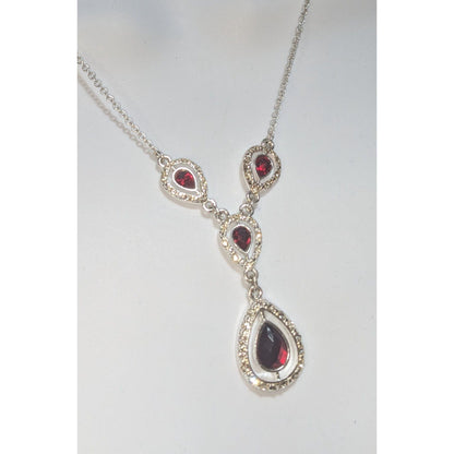 Garnet Red Crystal Teardrop Necklace Silver Tone Glam Goth Vampire Statement