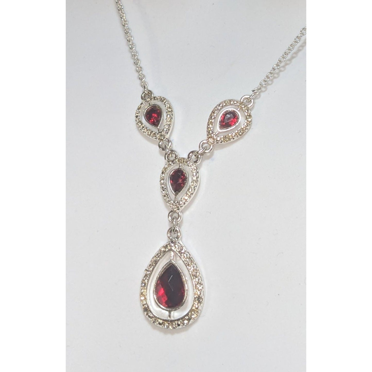 Garnet Red Crystal Teardrop Necklace Silver Tone Glam Goth Vampire Statement