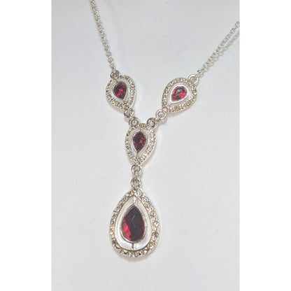 Garnet Red Crystal Teardrop Necklace Silver Tone Glam Goth Vampire Statement