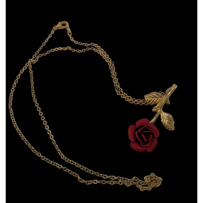 Vintage Rose Pendant Necklace Gold Red Floral Romance Convertible Brooch Necklace