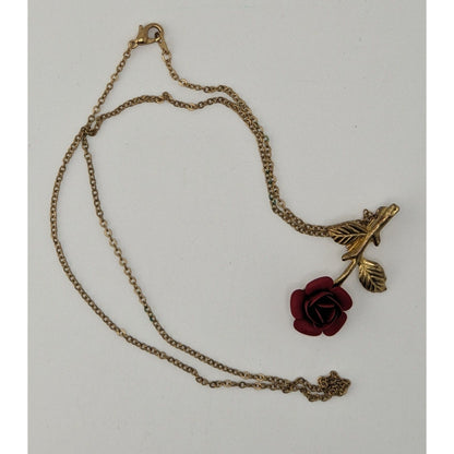 Vintage Rose Pendant Necklace Gold Red Floral Romance Convertible Brooch Necklace