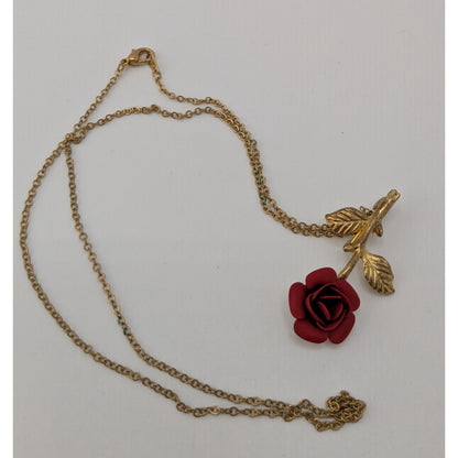 Vintage Rose Pendant Necklace Gold Red Floral Romance Convertible Brooch Necklace