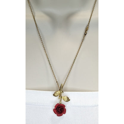 Vintage Rose Pendant Necklace Gold Red Floral Romance Convertible Brooch Necklace