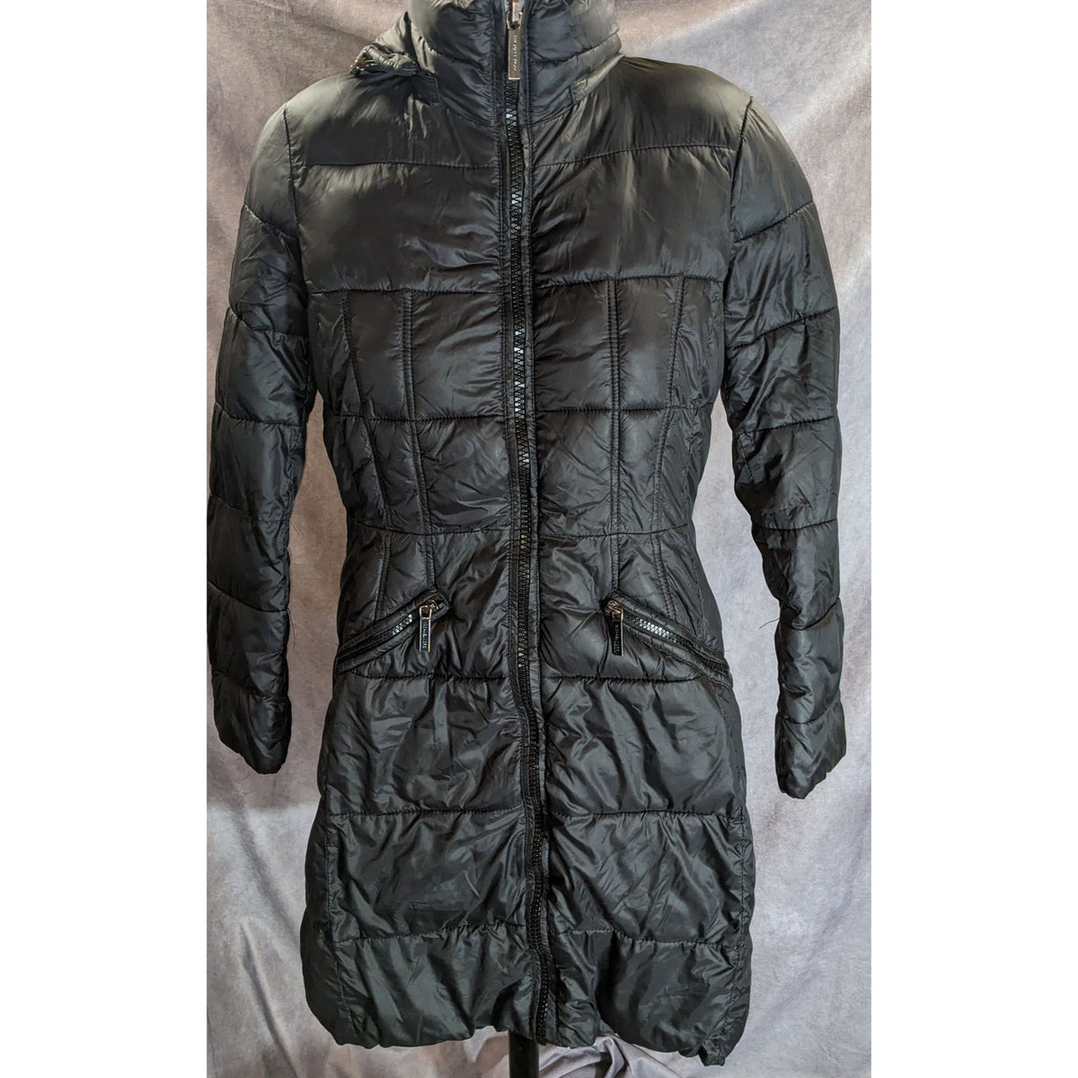 Michael Kors Black Long Puffer Coat Womens XS Hooded Quilted Winter Parka