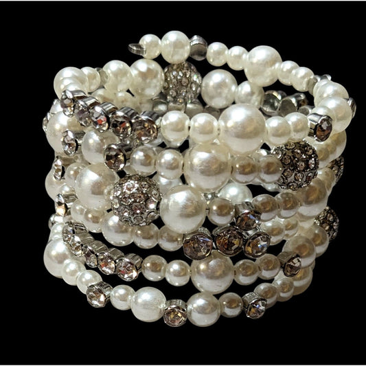 Paparazzi Glam Faux Pearl Rhinestone Beaded Coil Bracelet