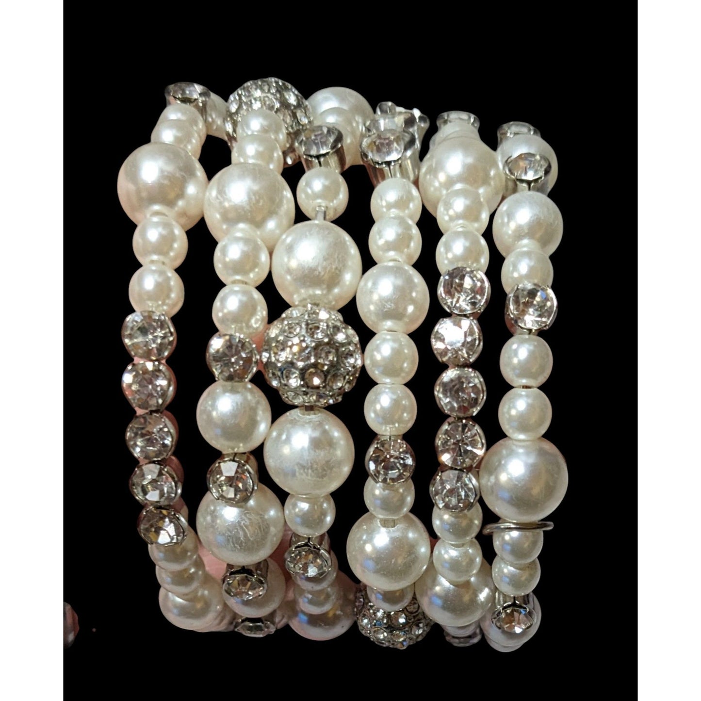 Paparazzi Glam Faux Pearl Rhinestone Beaded Coil Bracelet