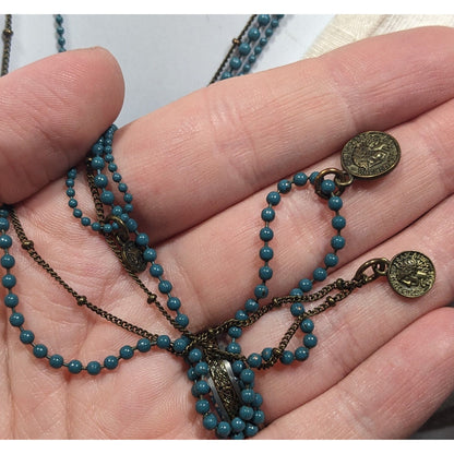 Bohemian Layered Mini Medallion Charm Blue And Gold Tone Necklace