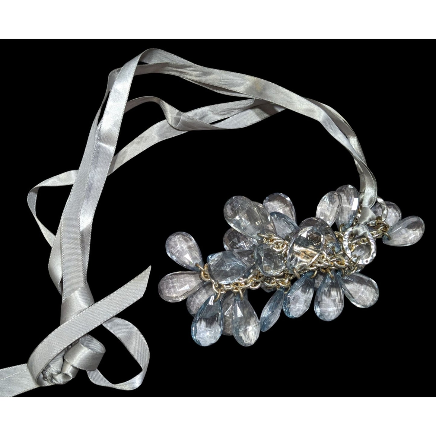 Silver Ribbon Necklace With Clear Crystal Teardrop Beads & Chain Design