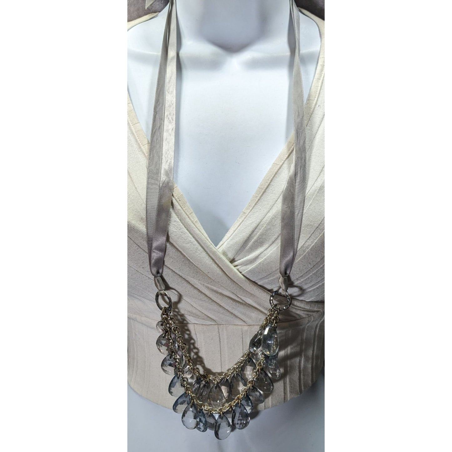 Silver Ribbon Necklace With Clear Crystal Teardrop Beads & Chain Design