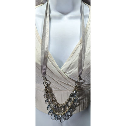 Silver Ribbon Necklace With Clear Crystal Teardrop Beads & Chain Design