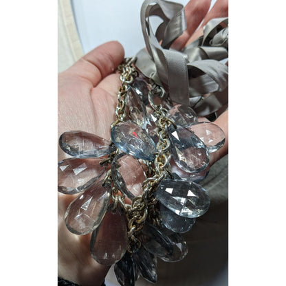 Silver Ribbon Necklace With Clear Crystal Teardrop Beads & Chain Design