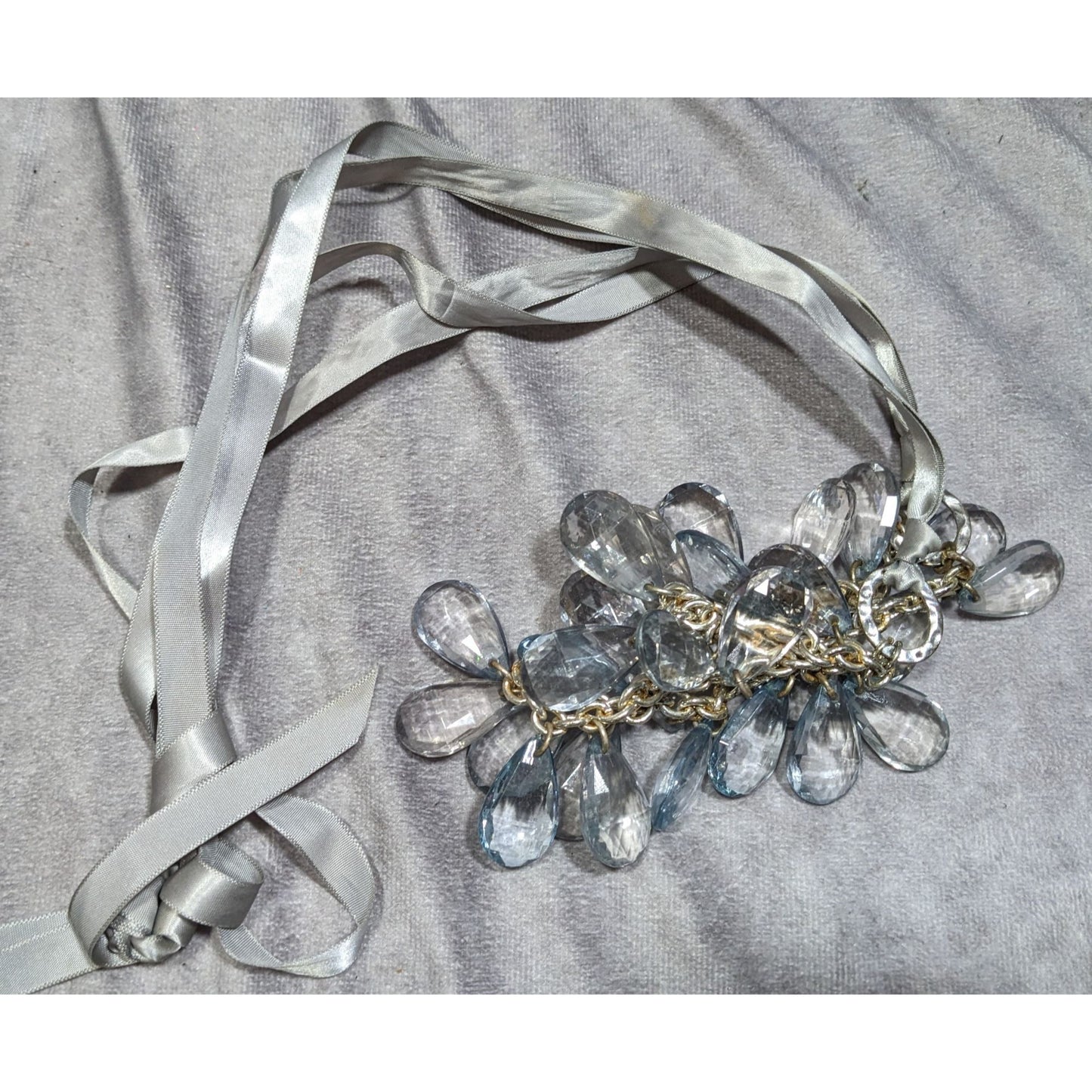 Silver Ribbon Necklace With Clear Crystal Teardrop Beads & Chain Design