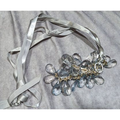 Silver Ribbon Necklace With Clear Crystal Teardrop Beads & Chain Design