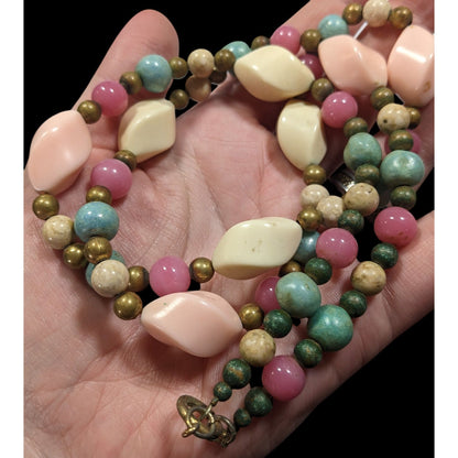 Vintage Retro Pastel Lucite And Stone Beaded Necklace