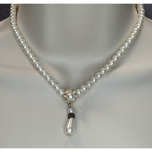 Vintage Bridal Faux Pearl Necklace With Rhinestone Accents