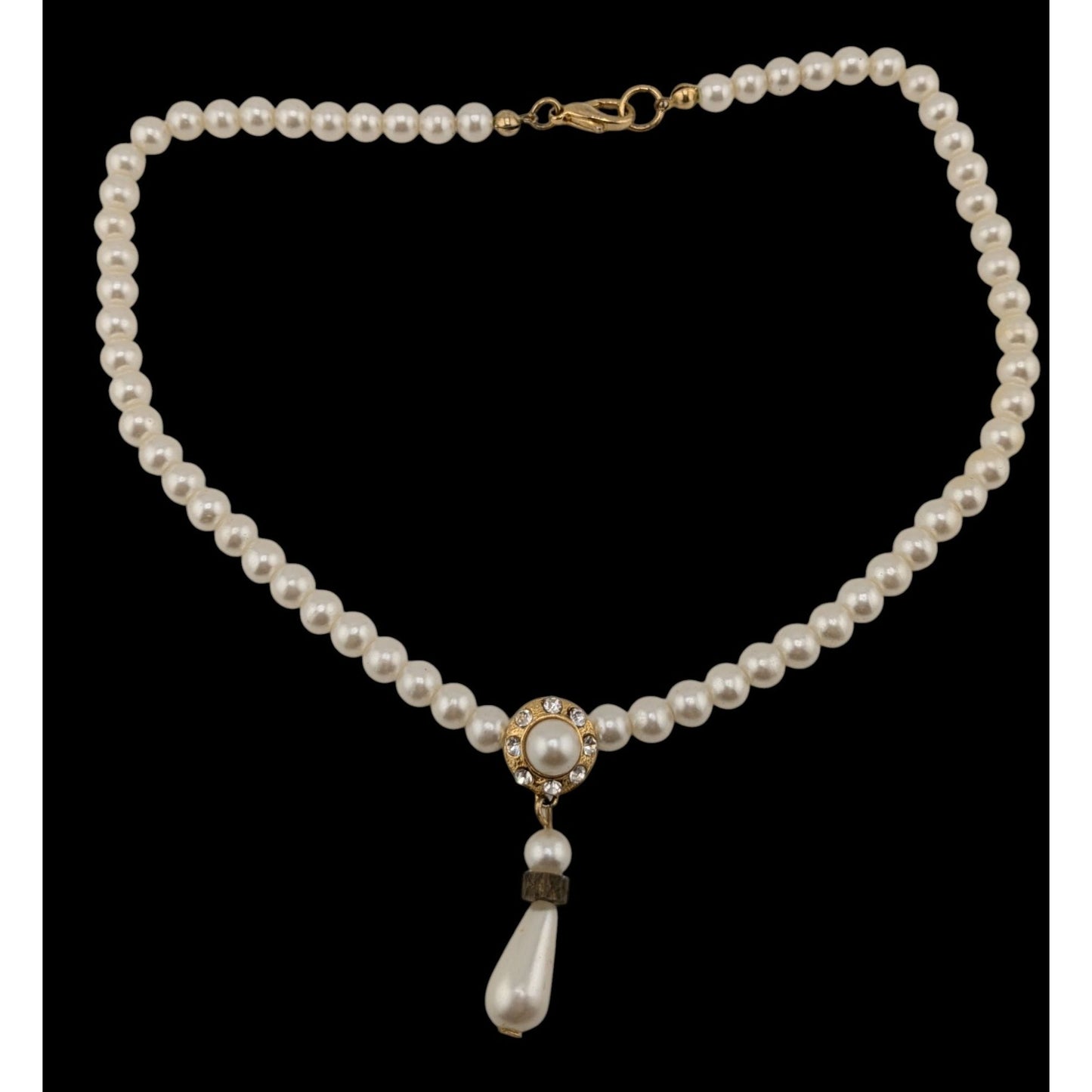 Vintage Bridal Faux Pearl Necklace With Rhinestone Accents
