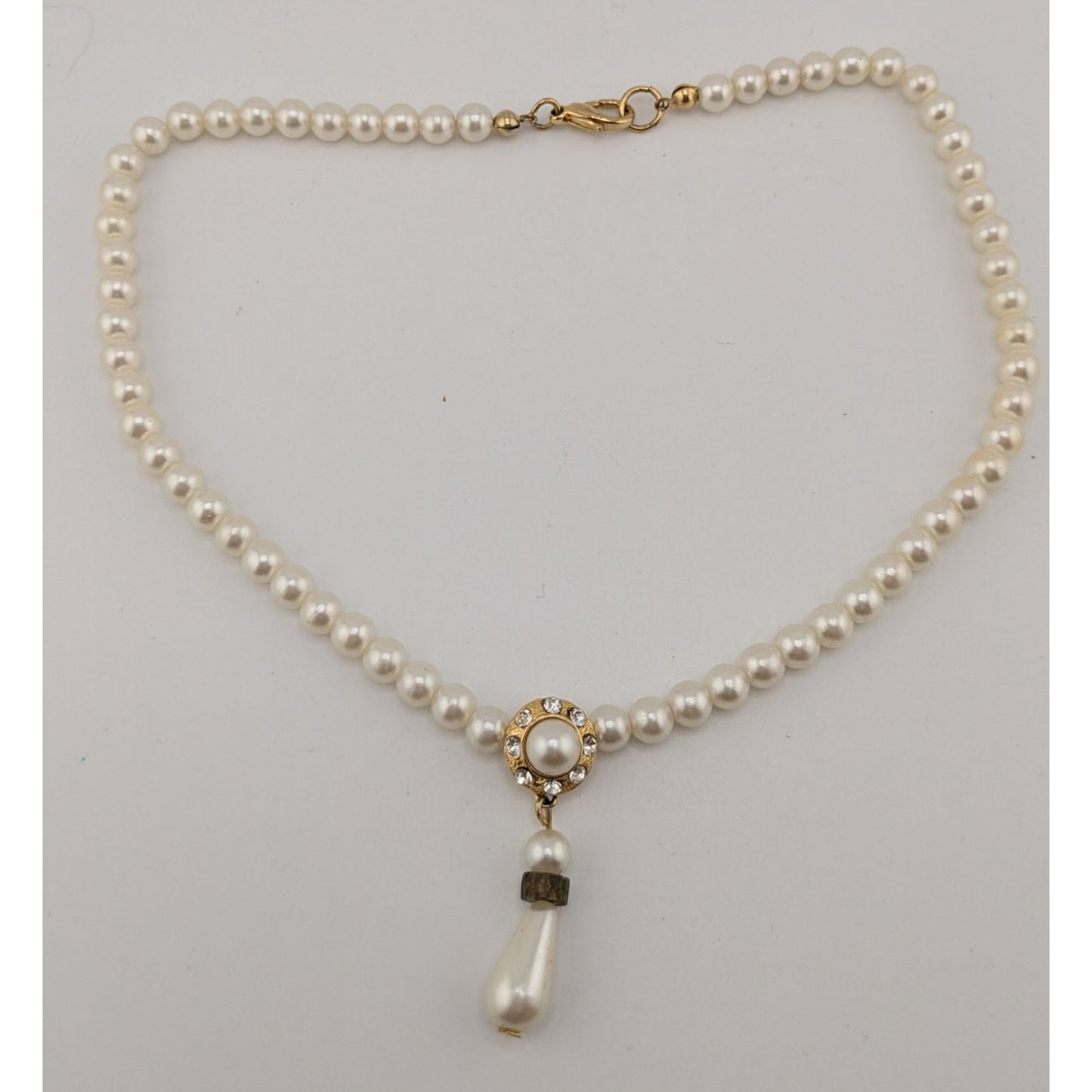 Vintage Bridal Faux Pearl Necklace With Rhinestone Accents