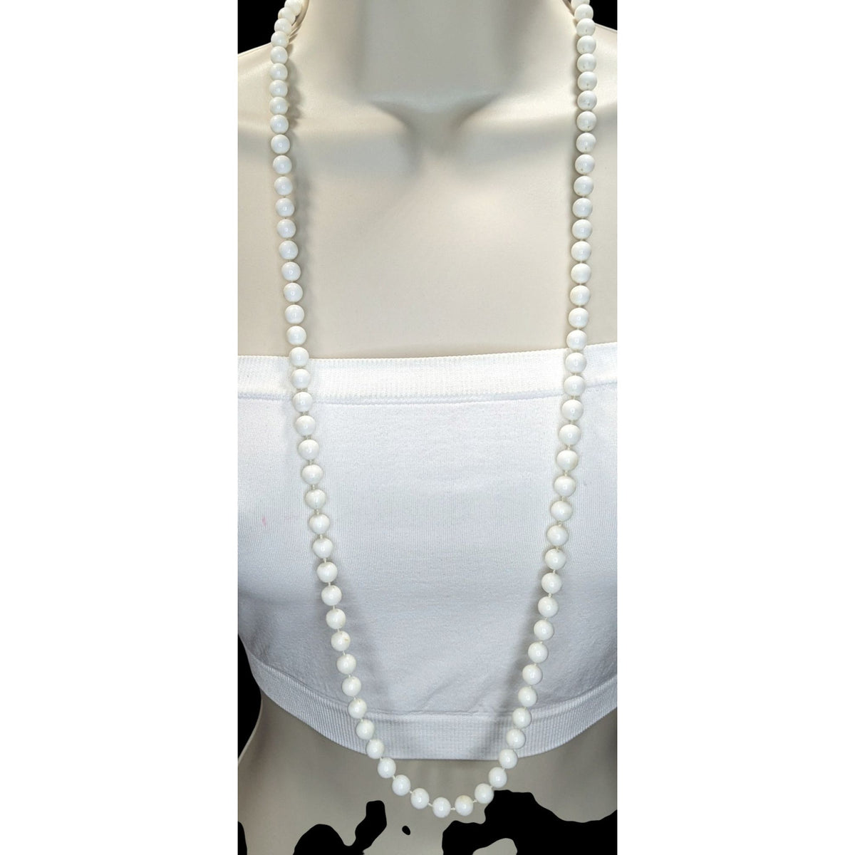 Retro Mod White Plastic Beaded Long Knotted Necklace 34 Inch