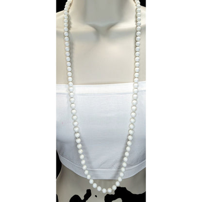 Retro Mod White Plastic Beaded Long Knotted Necklace 34 Inch