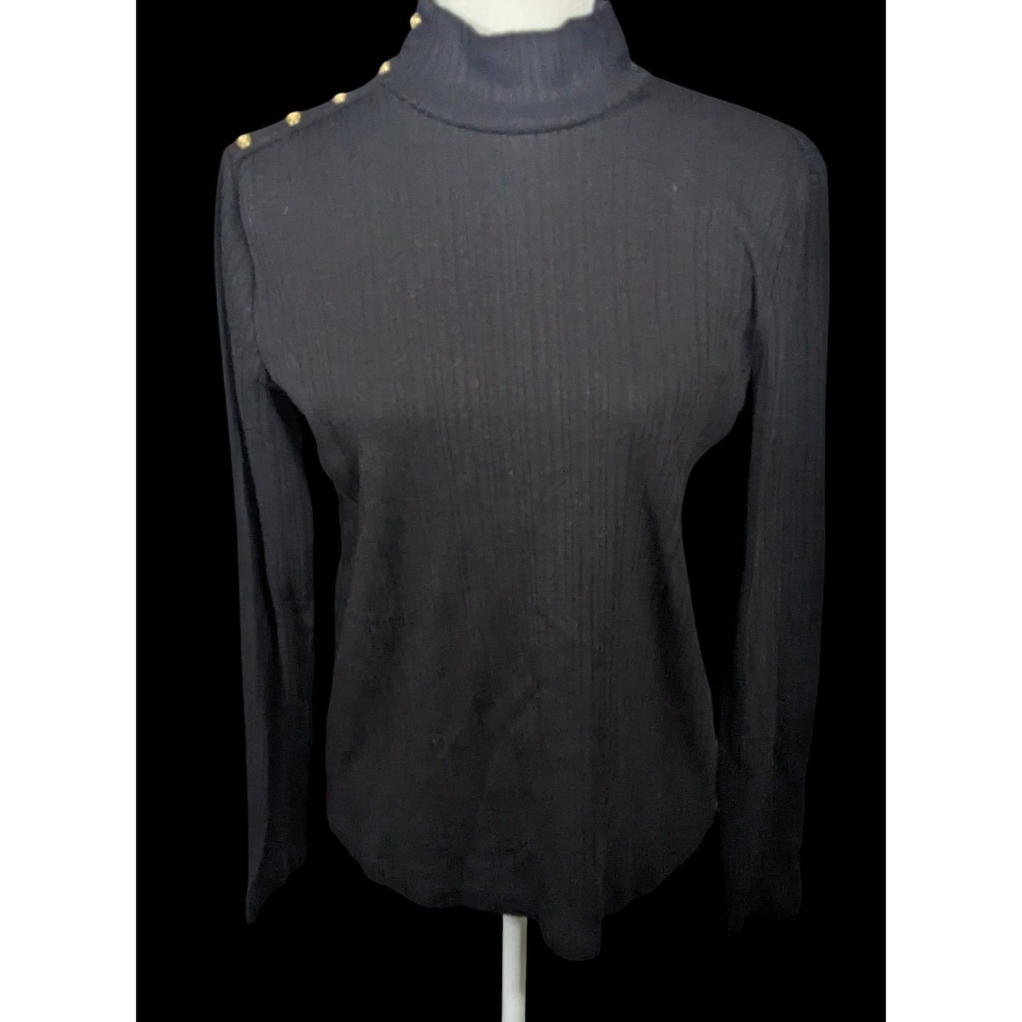 Croft & Barrow Preppy Black Mock Neck Top With Gold Button Shoulder Accents Size Medium