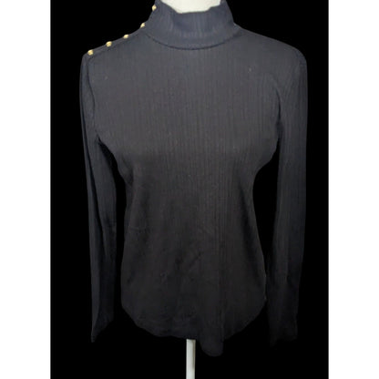 Croft & Barrow Preppy Black Mock Neck Top With Gold Button Shoulder Accents Size Medium