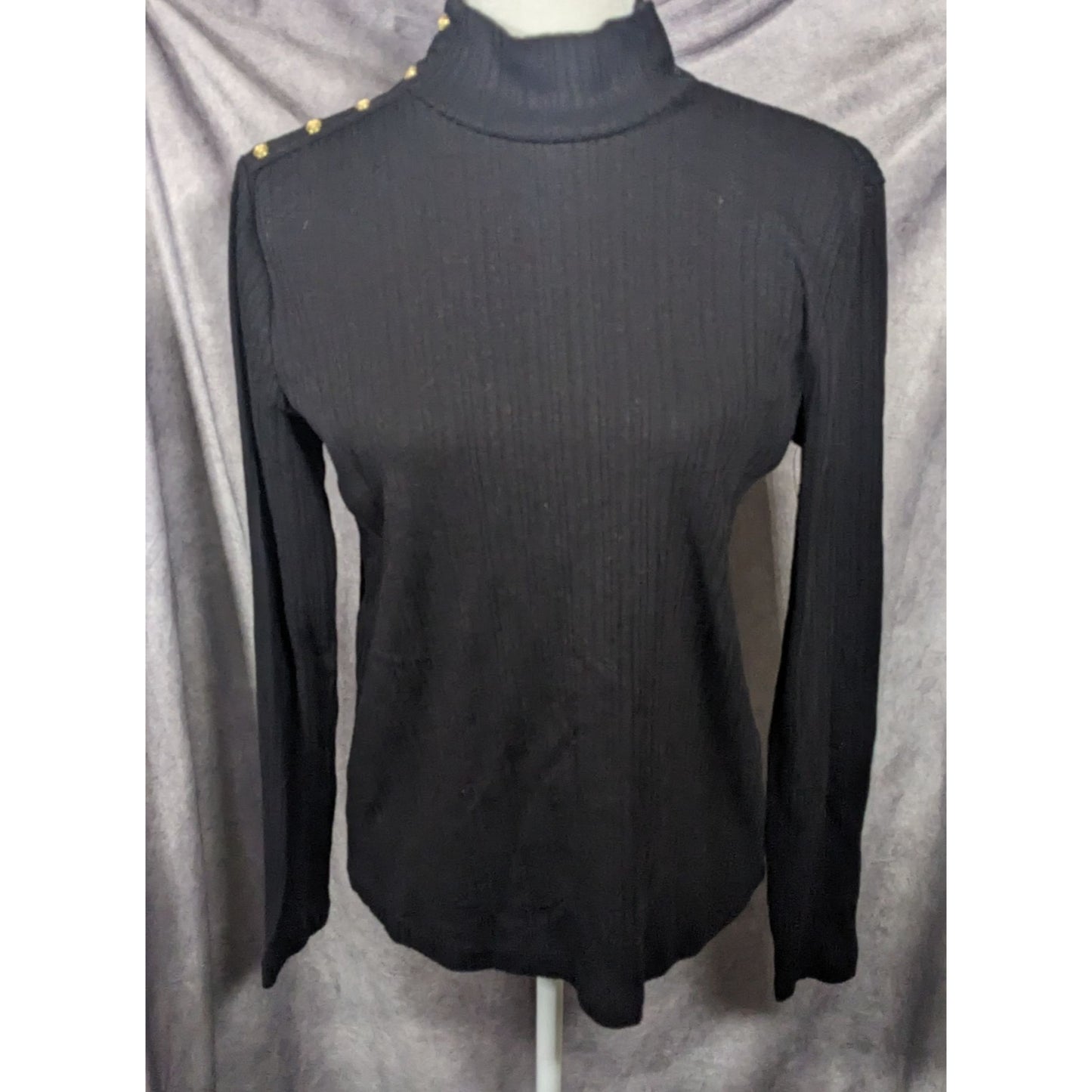 Croft & Barrow Preppy Black Mock Neck Top With Gold Button Shoulder Accents Size Medium