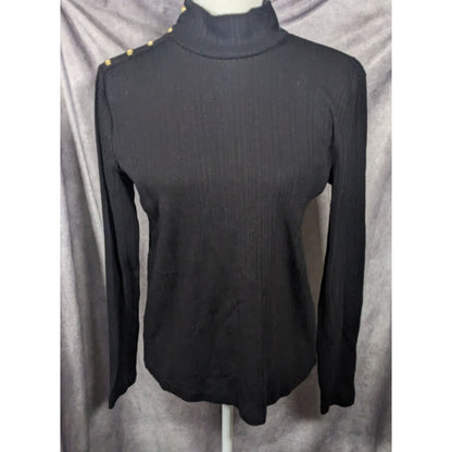 Croft & Barrow Preppy Black Mock Neck Top With Gold Button Shoulder Accents Size Medium