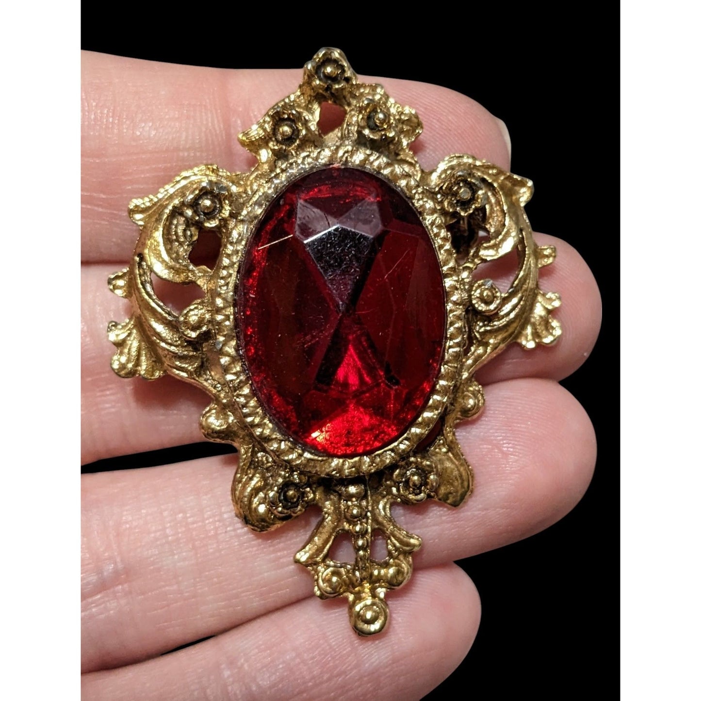 Vintage Victorian Style Red And Gold Gemmed Vampire Brooch