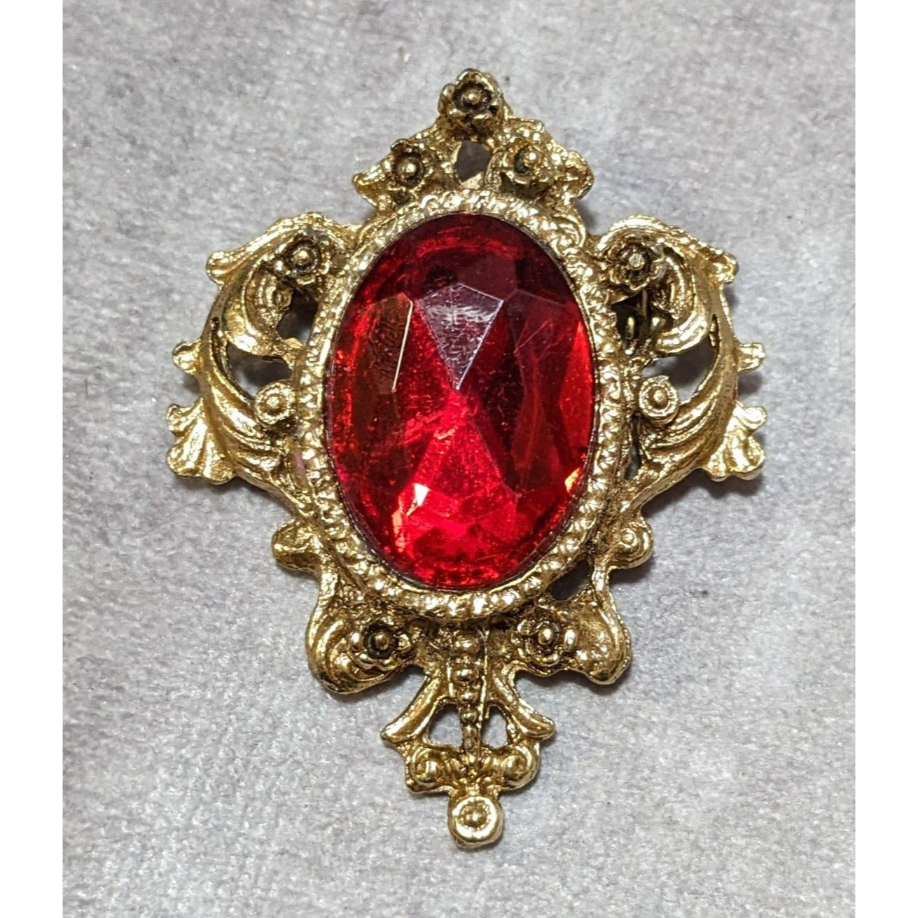 Vintage Victorian Style Red And Gold Gemmed Vampire Brooch