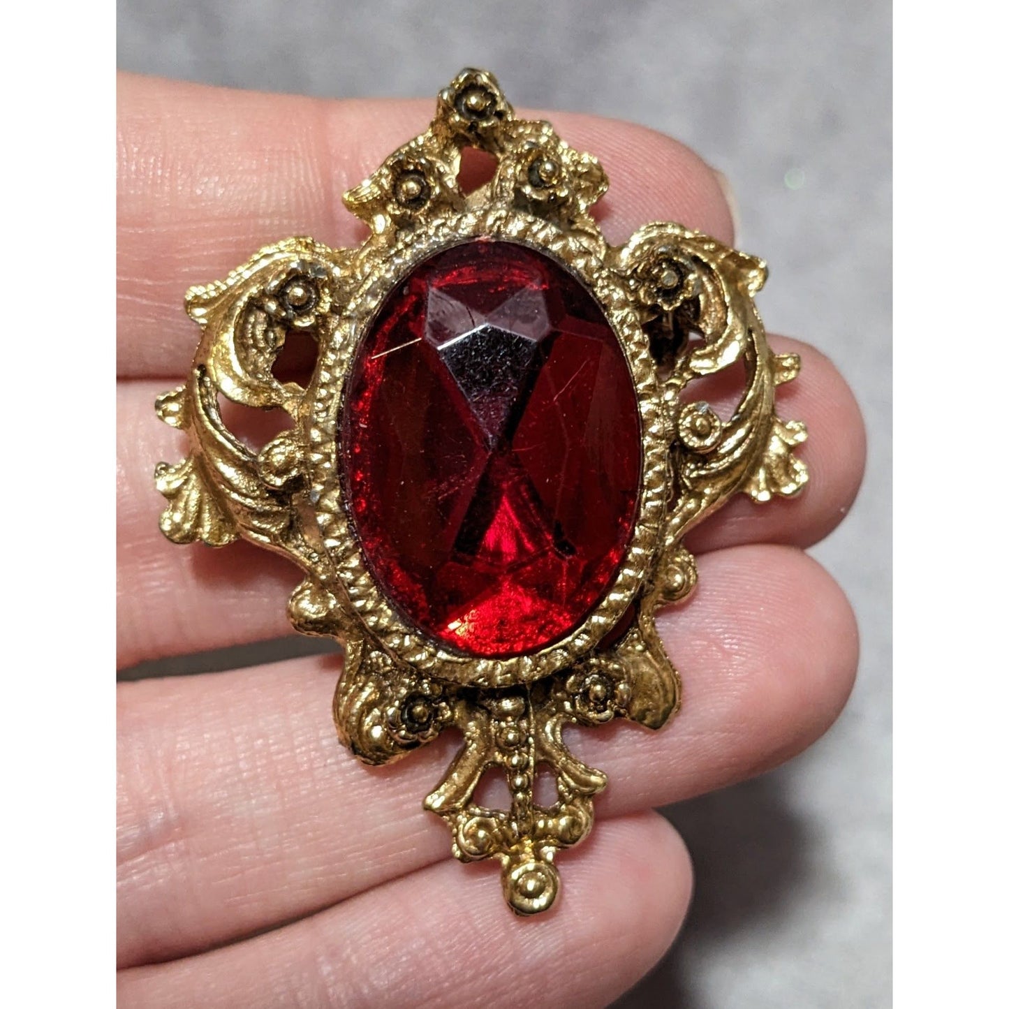 Vintage Victorian Style Red And Gold Gemmed Vampire Brooch