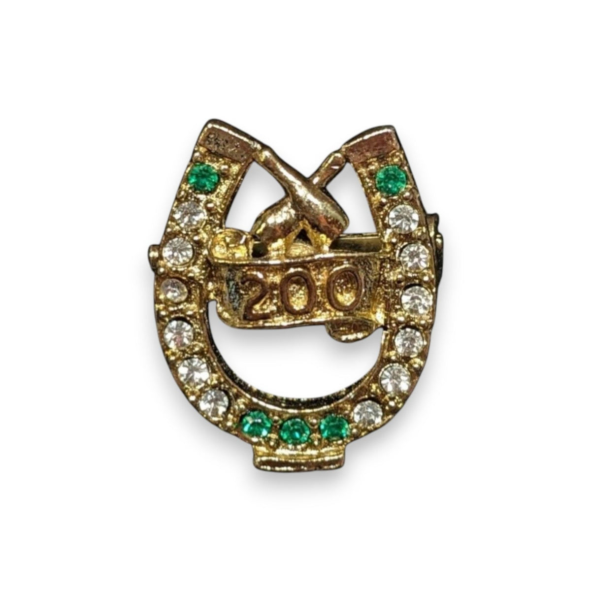 Vintage Bowling 200 Club Horseshoe Rhinestone Gold Tone Brooch Pin 1 Inch