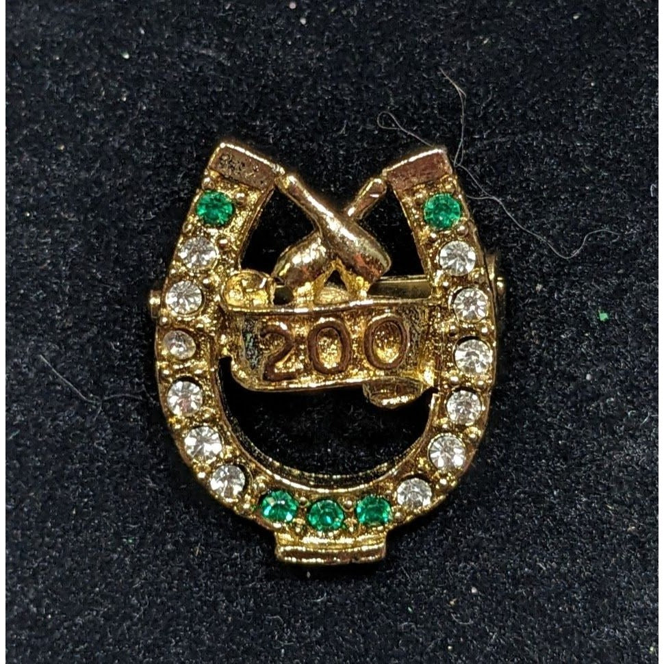 Vintage Bowling 200 Club Horseshoe Rhinestone Gold Tone Brooch Pin 1 Inch