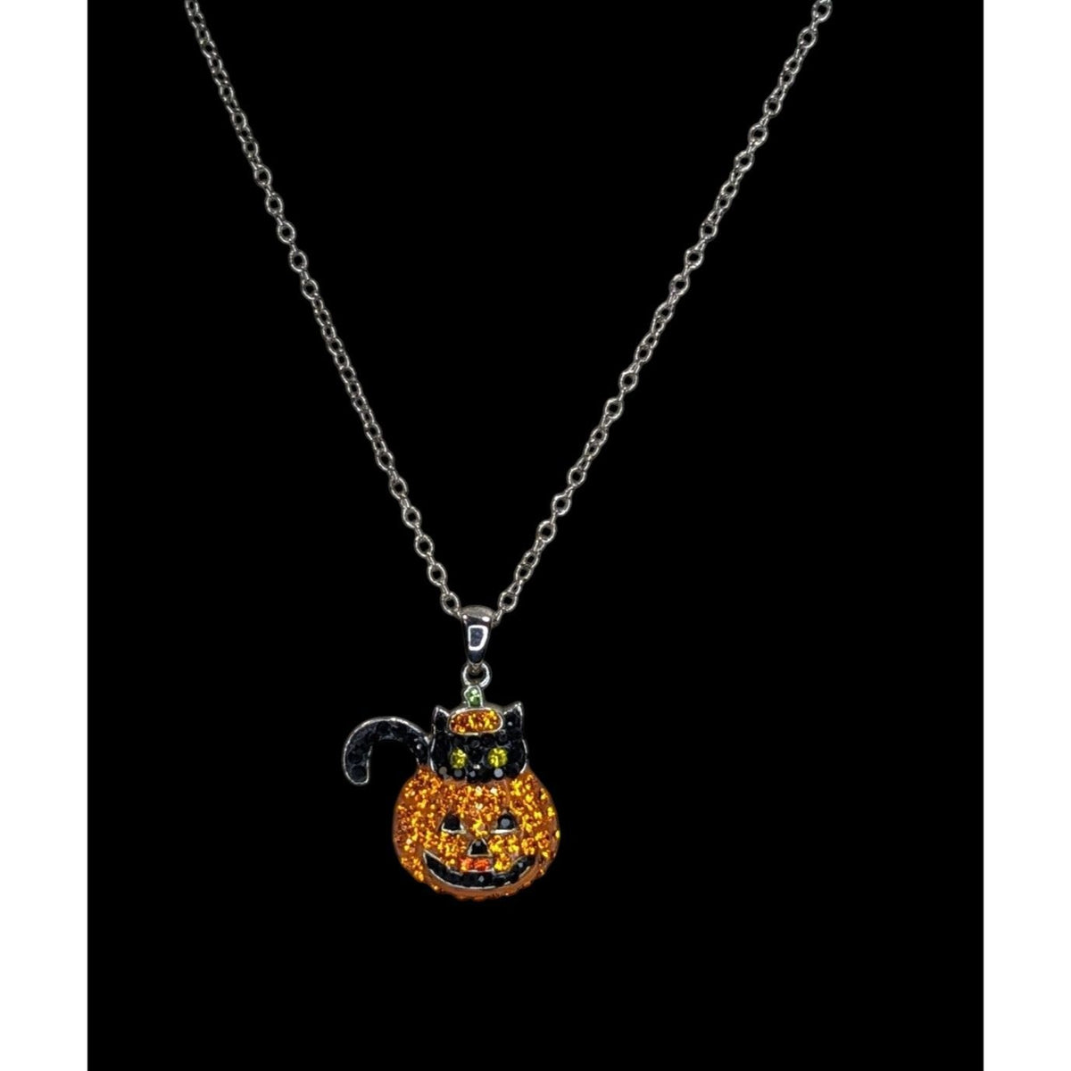 Goth Witchy Halloween Black Cat Pumpkin Rhinestone Pendant Necklace
