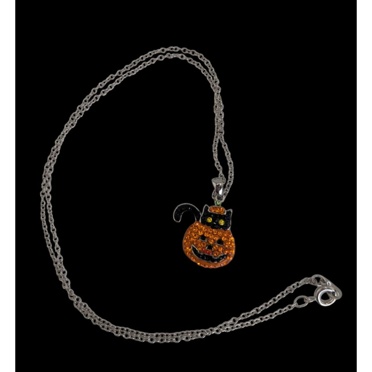 Goth Witchy Halloween Black Cat Pumpkin Rhinestone Pendant Necklace