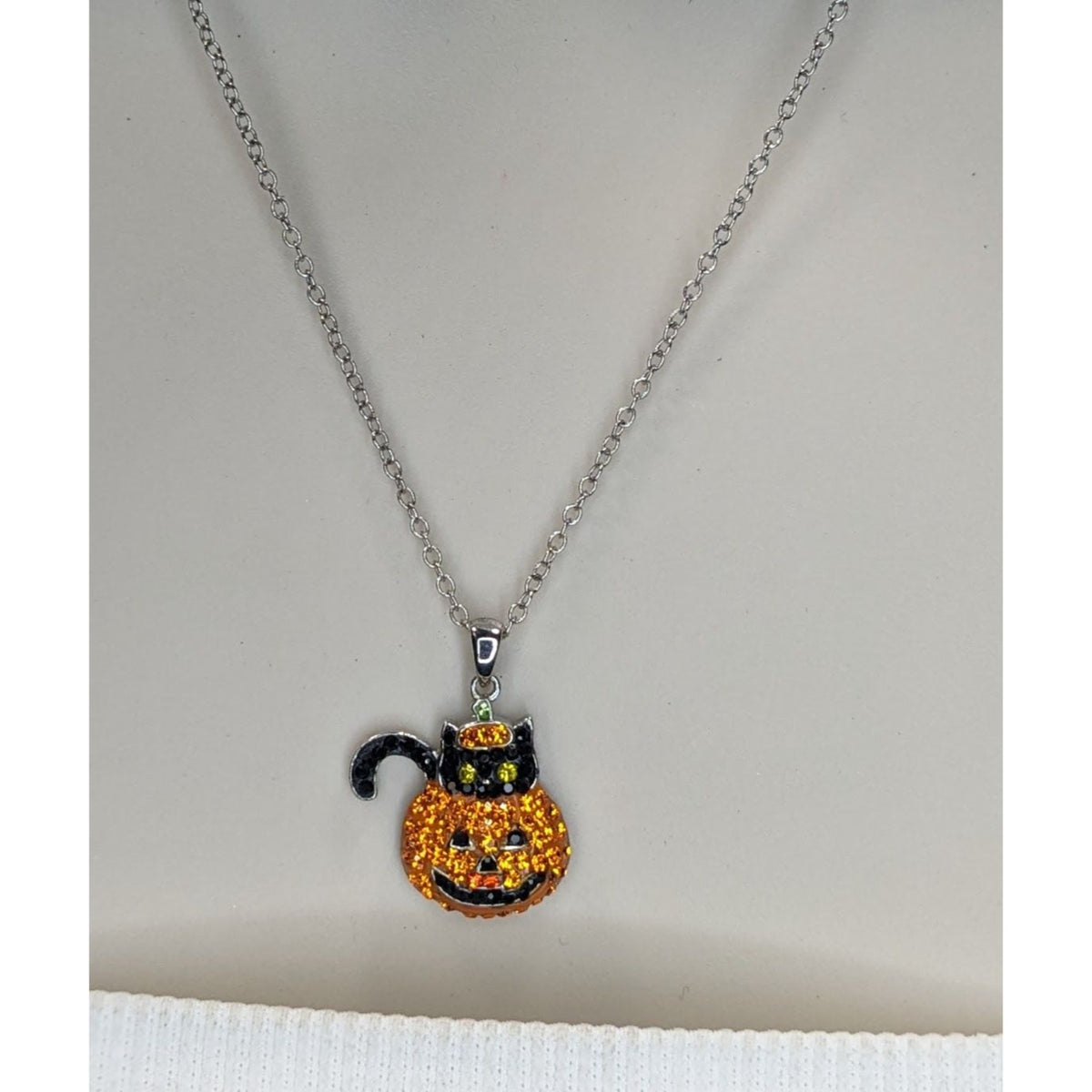 Goth Witchy Halloween Black Cat Pumpkin Rhinestone Pendant Necklace