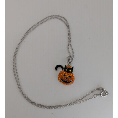 Goth Witchy Halloween Black Cat Pumpkin Rhinestone Pendant Necklace