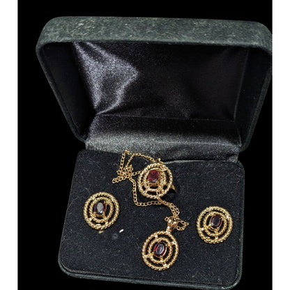 Vintage Garnet Gold Tone Demi Parure (Earrings, Necklace, Ring)