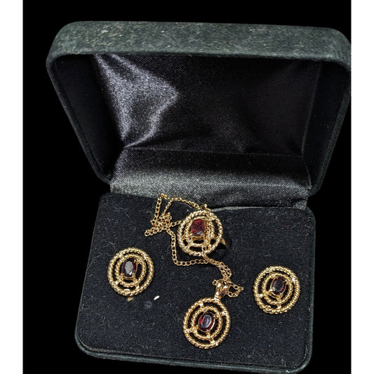 Vintage Garnet Gold Tone Demi Parure (Earrings, Necklace, Ring)